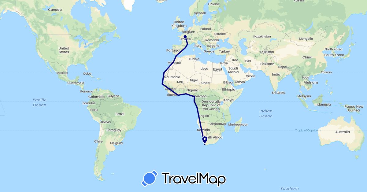 TravelMap itinerary: driving in Benin, Republic of the Congo, Côte d'Ivoire, Cameroon, Spain, France, Gabon, Morocco, Senegal, South Africa (Africa, Europe)